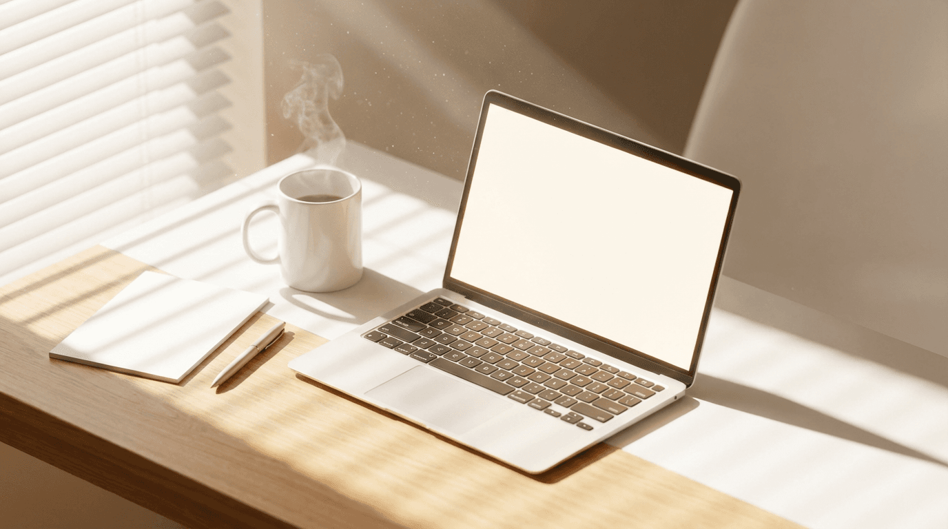 Marketing strategy workspace with laptop and analytics dashboard in natural light