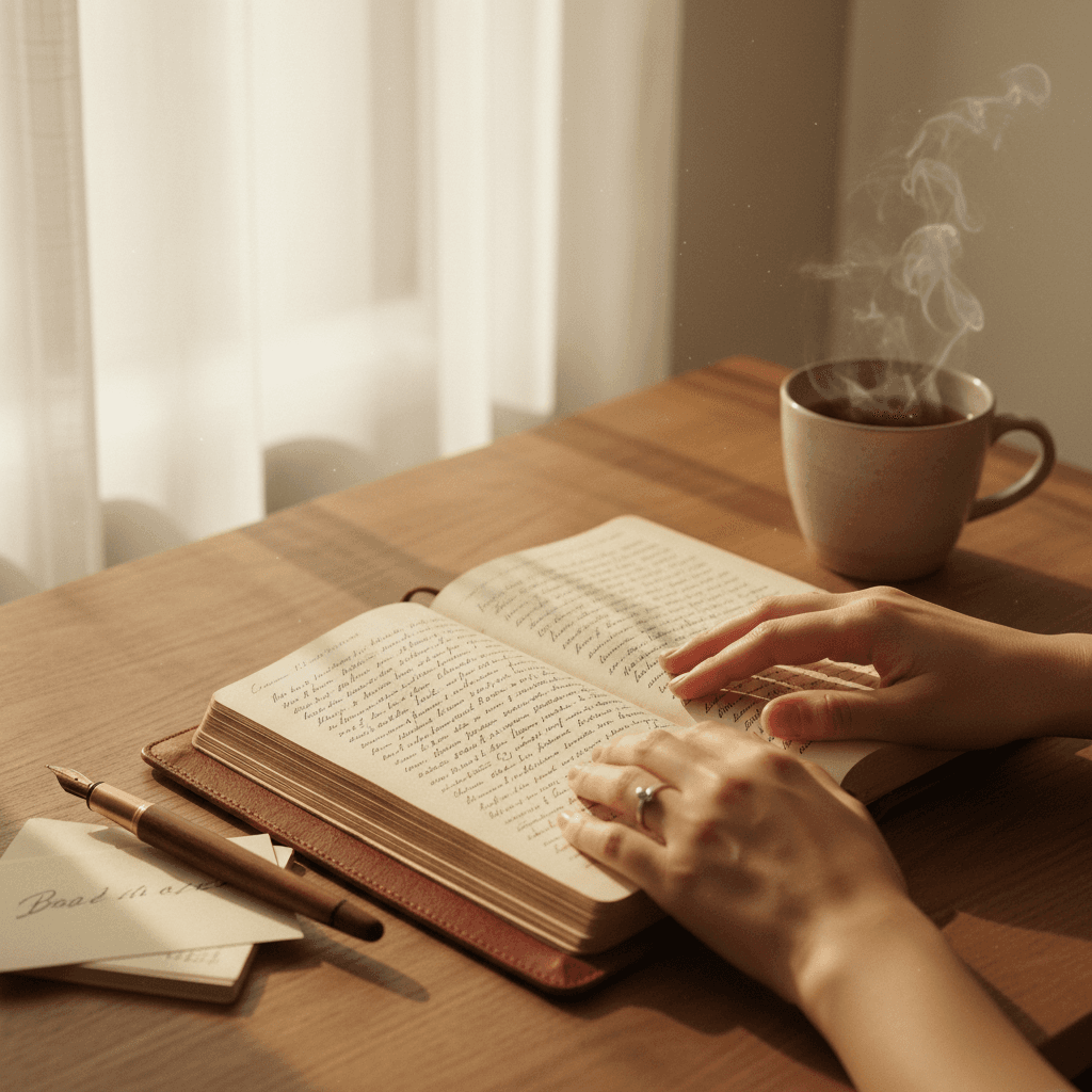 Designer's hands holding an open notebook with a pen, positioned at a clean desk near morning light