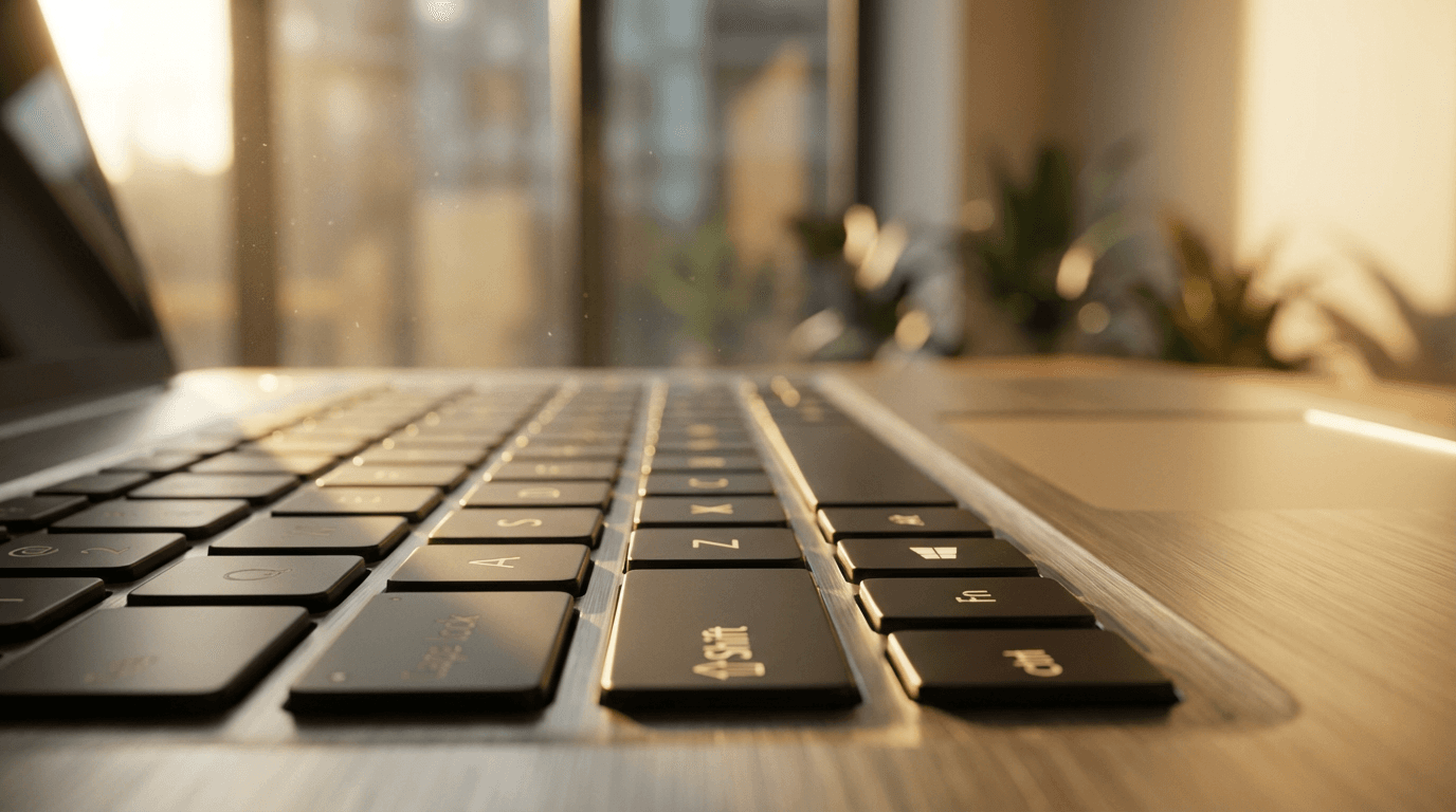 Hands typing on a laptop keyboard, composing a message in a bright workspace