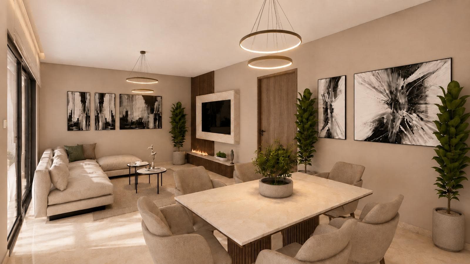Modern open-plan living and dining room with neutral decor, marble table, and abstract wall art.