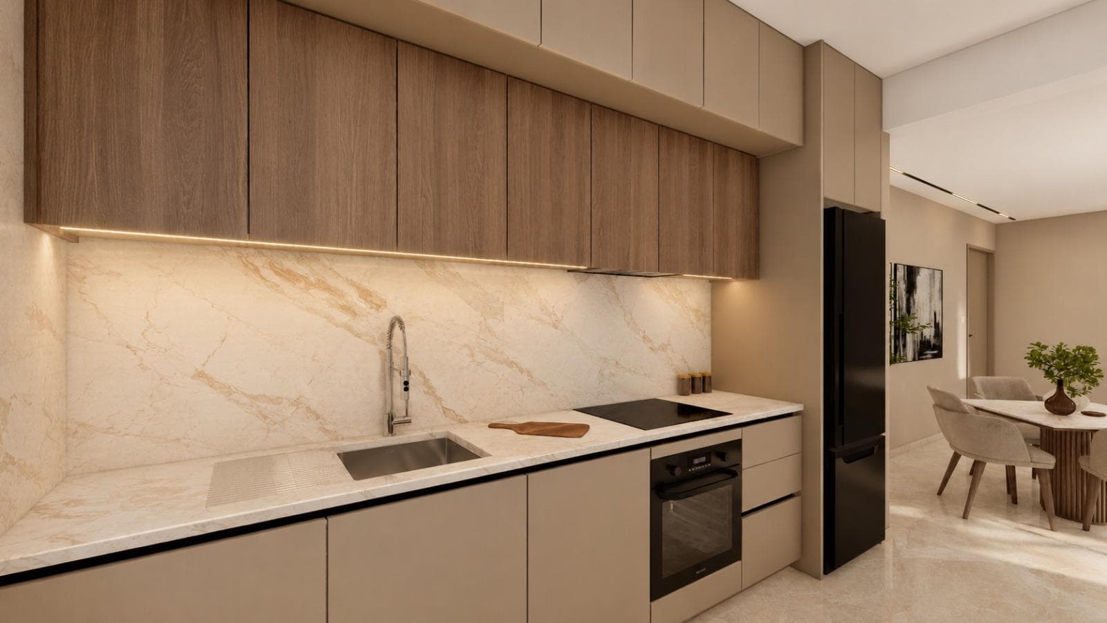Sleek modern kitchen with wood cabinets, marble backsplash, and warm under-cabinet lighting.