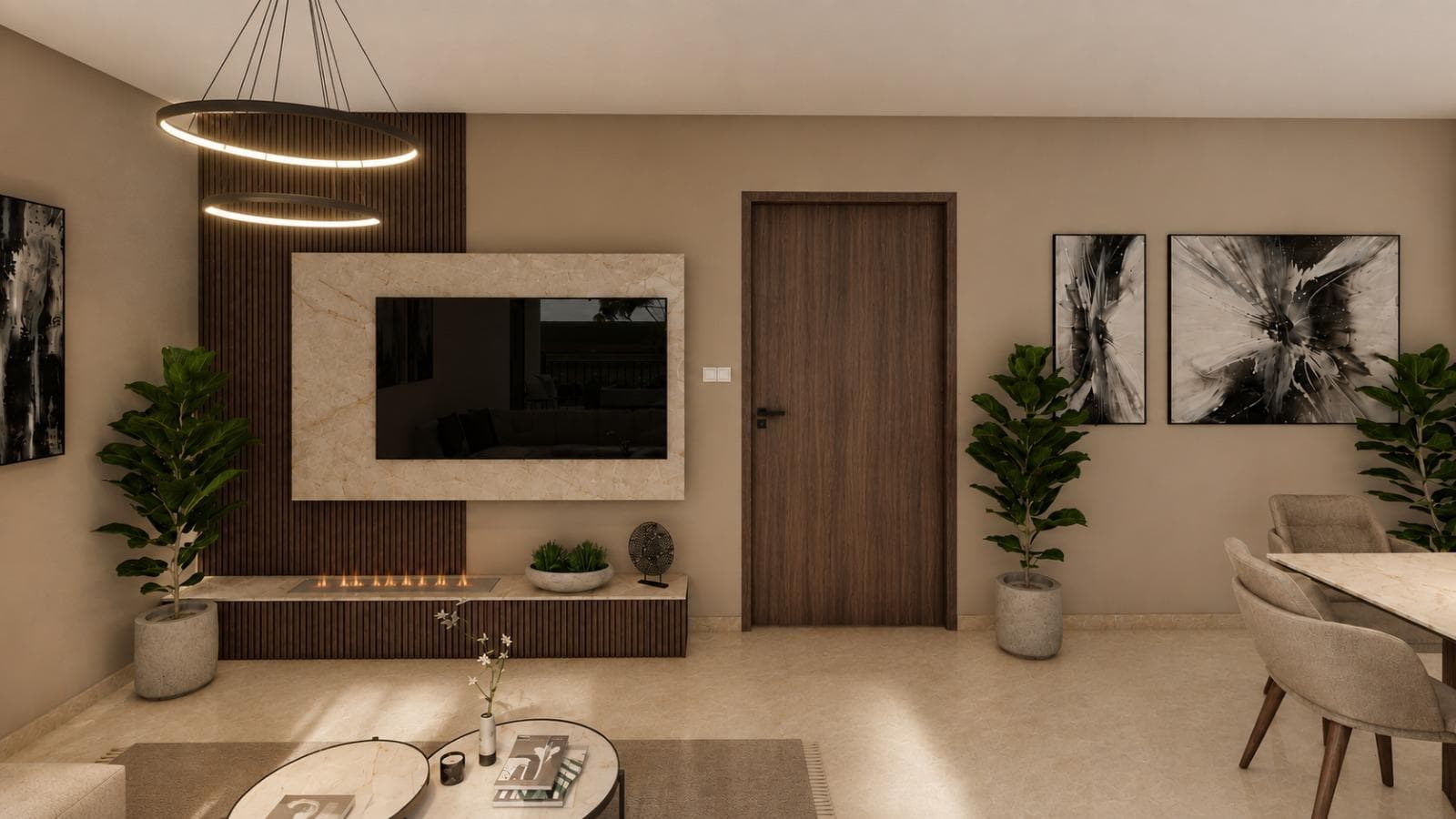 Modern living room featuring a marble TV panel, wood-slatted accent wall, and linear fireplace.